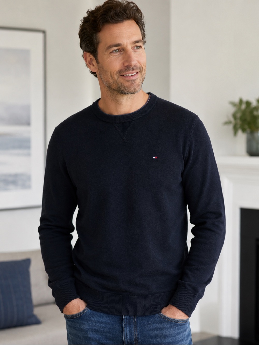 Tommy Hilfiger Men's Classic Dark Blue Signature 100% Cotton Crewneck Sweater, M